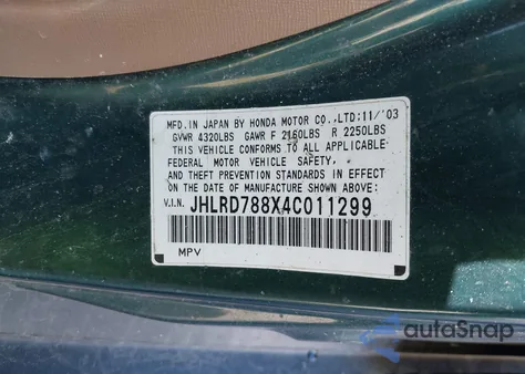 2004 Honda Cr-V Ex from USA, damaged, VIN JHLRD788X4C011299